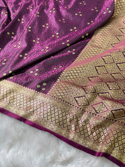 Banarasi Floral Motifs with Tanchoi Pattern Mashru Silk Saree in Wine Shades