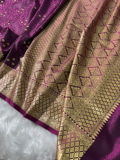 Banarasi Floral Motifs with Tanchoi Pattern Mashru Silk Saree in Wine Shades